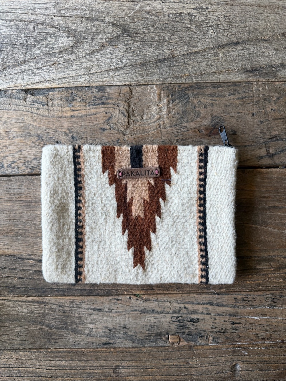 Cream & Brown Wool Zip Pouch - From Punta Mita Mexico